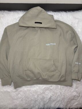 Essentials Fear of God Pullover Hoodie in Light Taupe with Black Logo Patch